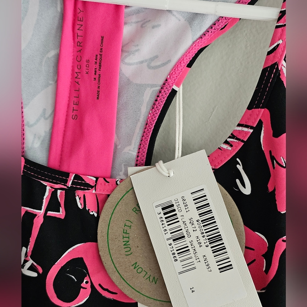 NWT Stella McCartney Kids Pink Disco Flamingo Print One Piece Swimsuit - Picture 2 of 4